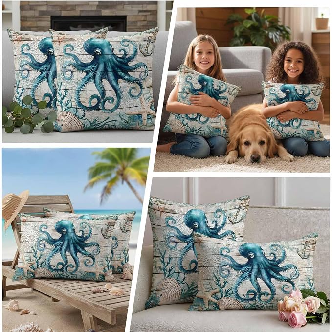 Teal Octopus Coastal Waterproof Outdoor Pillow Covers Set of 2 Home Decor, Summer Beach Nautical Starfish Retro Pillowcase Patio Pillow Covers for Couch Bench Furniture Garden 18x18in