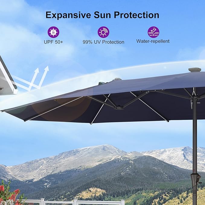PURPLE LEAF 14ft Patio Umbrella with Solar Lights Outdoor Double-Sided Market Umbrella with Base Included Rectangle Table Umbrella for Pool Garden Backyard, Navy blue