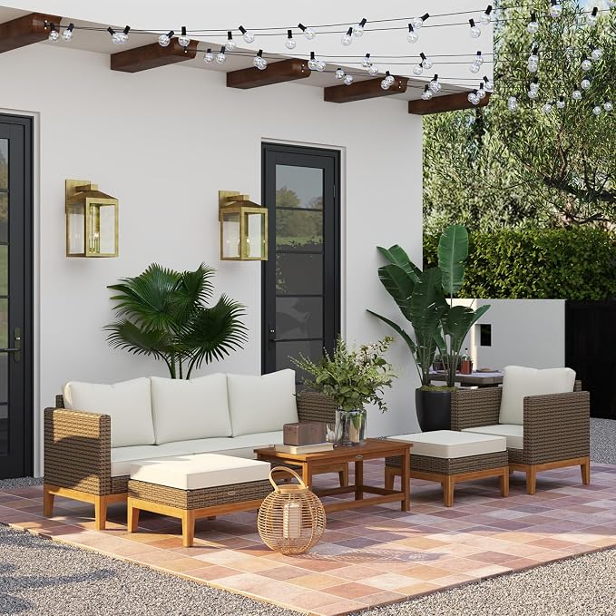 Outsunny Wooden Patio Furniture Set with Thick Padded Cushions, 5-Piece PE Rattan Sectional Sofa with Acacia Wood Top Coffee Table, Outdoor Conversation Set, Cream White