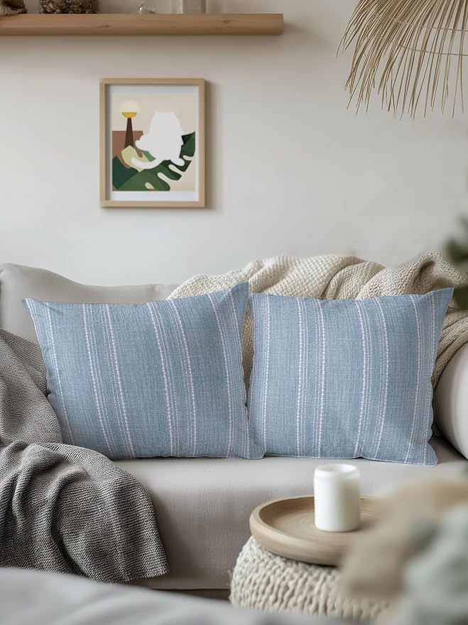 Waterproof Outdoor Pillow 1 Pack Haze Blue Linen Stripes Decorative Throw Pillows Cover & Insert 16x16 Inch Pillowcase Parallel Vertical Lines Pillows for Couch Sofa Bed Patio Furniture Indoor Outdoor