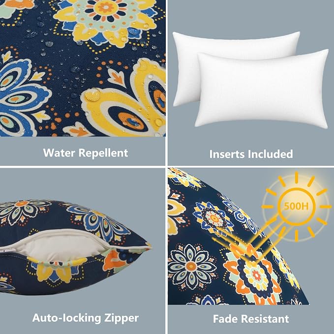 LVTXIII 2 Pack Outdoor Lumbar Pillows 12x20 Inch with White Piping, Fade Resistant Support Throw Pillows with Inserts for Patio Furniture, Sofa, Chair, Bloom Cobalt