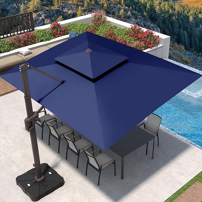 9' X 12' Patio Umbrella with LED Lights Outdoor Cantilever Large Rectangle Offset Umbrellas Heavy Duty Aluminum Double Top with 360-degree Rotation for Pool Garden Deck, Navy