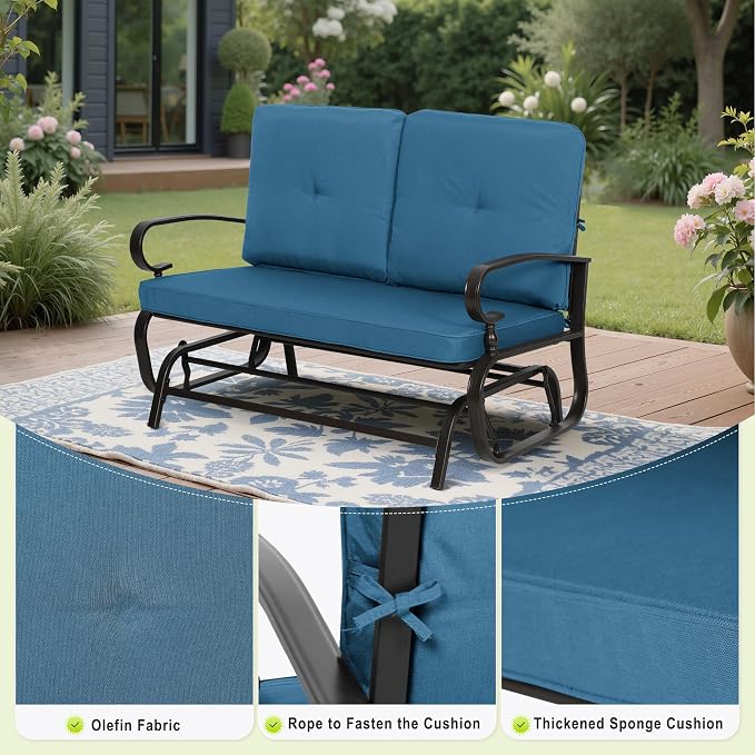 Incbruce Patio Conversation Sets - Outdoor Metal Furniture Set (Peacock Blue, Wrought Iron, 4Pcs Including Glider, Bistro Table, 2 Spring Lounge Chairs)
