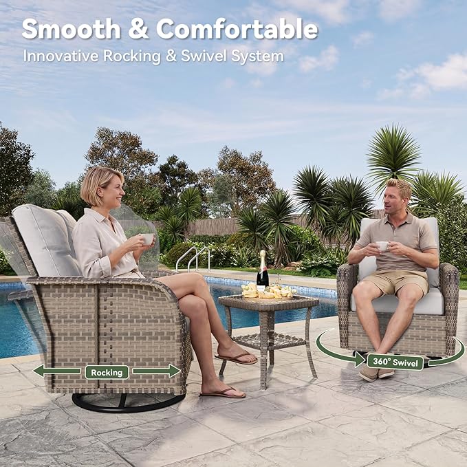 Aoxun 7-Piece Patio Furniture Set with 44” Fire Pit Table, Wicker Rattan Outdoor Sectional Sofa with High Back Swivel Rocker Chairs, Outdoor Patio Furniture Set with Thick Cushions & Ottoman, Grey