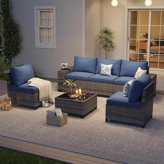 Aoxun 6-Piece Patio Sectional Sofa with 4" Thicken Cushion, Widen Armrests Wicker with Coffee Table for Backyard & Garden, Navy Blue