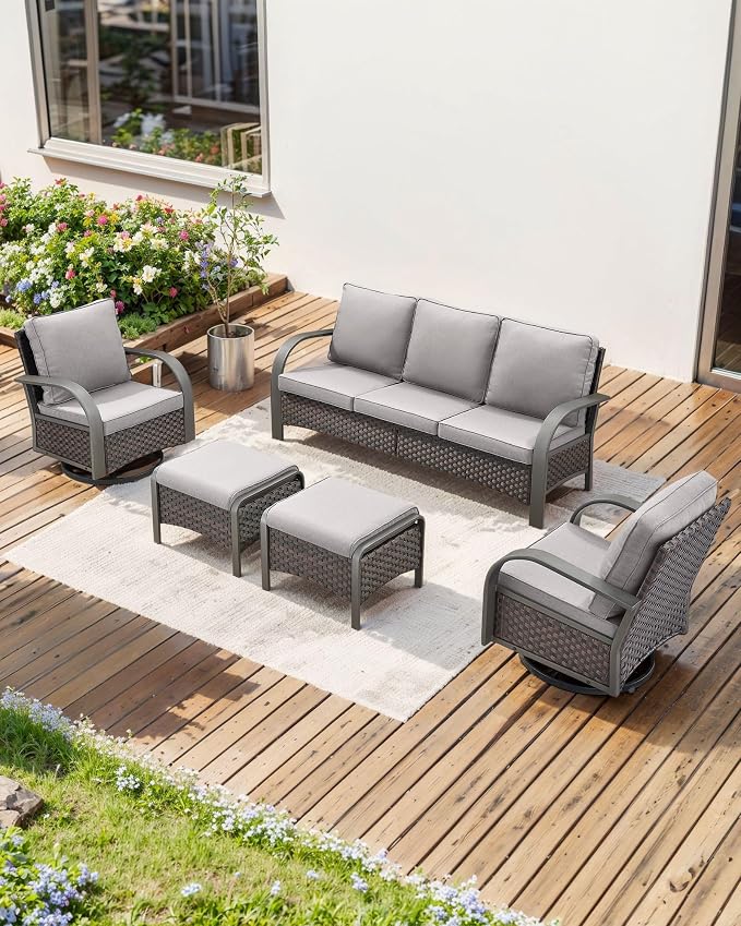 HUMMUH Outdoor Patio Furniture Sets-Wicker Patio Furniture Couch and Swivel Rocker Chairs Conversation Set for Deck Porch Garden Poolside Backyard-Brown/Grey
