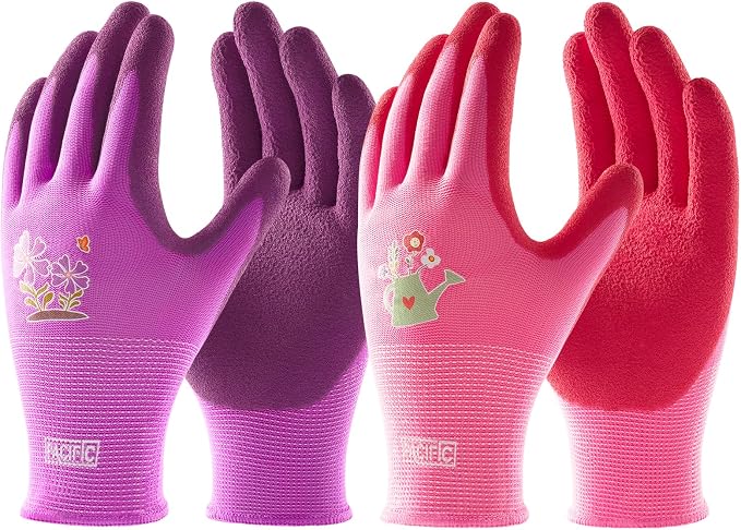 PACIFIC PPE 2 Pairs Gardening Gloves for women and Ladies, Rubber Coated Garden Gloves, Outdoor Protective Work Gloves, Medium Size fits Most, Purple & Red