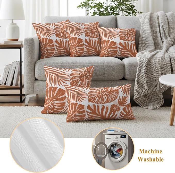 Burnt Orange Palm Leaves Outdoor Pillow Covers 24"x24" Set of 2, Tropical Botanical Minimalist Modern Waterproof Throw Pillow Covers for Patio Furniture, Decorative Cushion Covers for Porch