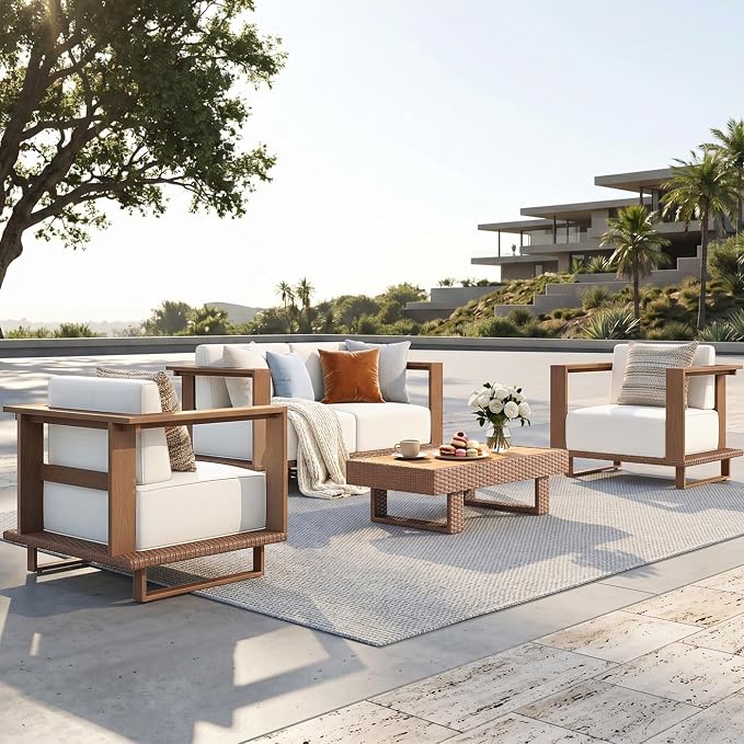 PHI VILLA HDPE Patio Furniture Set, 5 Pieces Sectional Outdoor Conversation Sets with 9.8" Thick Cushion, Modular Patio Sofas with Wood Grain Wicker Coffee Table for Garden, Backyard(Beige)