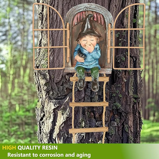 Garden Gnomes Decoration Outdoor Tree Faces Decor with Hanging Ladder for Yard, Elf Out The Door Tree Hugger Figurine Resin Garden Sculpture Ornament Whimsical Gnome Decor for Patio Yard Lawn