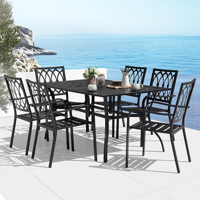 NUU GARDEN 7-Piece Outdoor Patio Dining Set, 61'' x 37'' Rectangle Table with Umbrella Hole and 6 Stackable Patio Dining Chairs, for Outdoor and Indoor Space,Garden, Patio, Deck, Backyard, Black