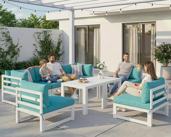 NICESOUL 8 Piece Oversized Modular Aluminum Outdoor Furniture Set with Coffee Table, 29" Deep and Wide Sectional Seating, 500 lbs High Weight Capacity Patio Conversation Set for Garden Deck, Turquoise