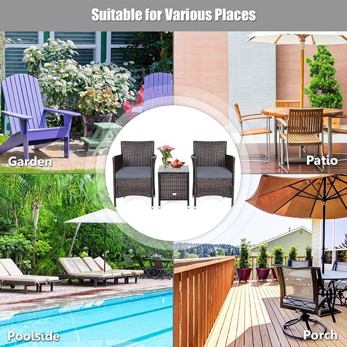 DORTALA Wicker Patio Furniture Set 3 Piece, Small Outdoor Table & Chairs Set with Cushions, All-Weather Rattan Conversation Bistro Set for Balcony, Porch, Backyard, Deck, Grey