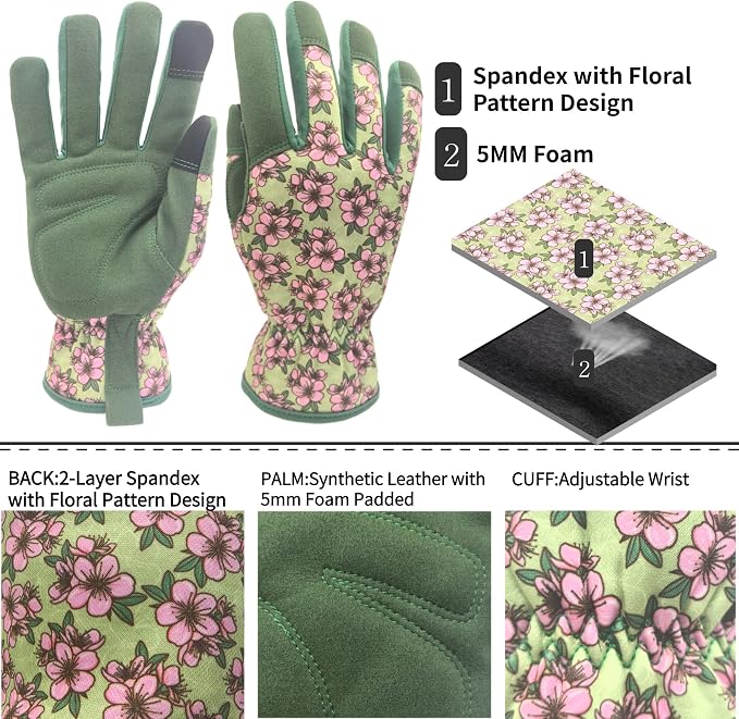Cute Pattern Gardening Gloves,Thornproof Garden Glove,Gardener Gift | Gardening Gifts for Women,Touchscreen,Tender Thornproof,Cute Pattern,Protection Palm,Machine Washable,Adjustable Cuff