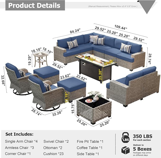 HOOOWOOO Outdoor Sectional Patio Furniture Set with Fire Pit Table,15 Pieces Wicker Conversation Sets L Shaped Couch,Extra Deep Out Door Sofa Outside Furniture with Swivel Chairs Ottoman,Denim Blue