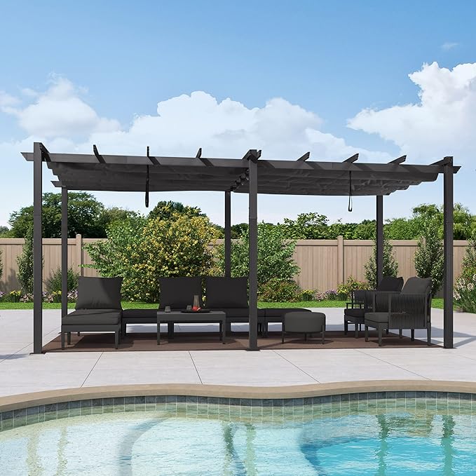 PURPLE LEAF 10' X 18' Outdoor Pergola with Retractable Canopy Aluminum Shelter for Porch Garden Sun Shade Beach Pavilion Grape Trellis Grill Gazebo Modern Backyard Deck Metal Patio Pergola Gray