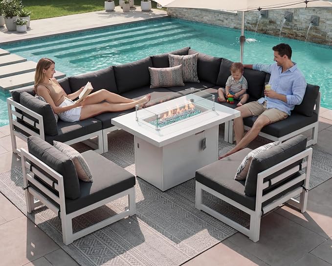 BULEXYARD 9 Piece Modern Aluminum Patio Furniture Set with Fire Pit Table, 500 lbs Heavy Duty Outdoor Sectional Sofa, 29" Deep Wide Oversize Seating Conversation Couch for Garden Exterior, Dark Gray