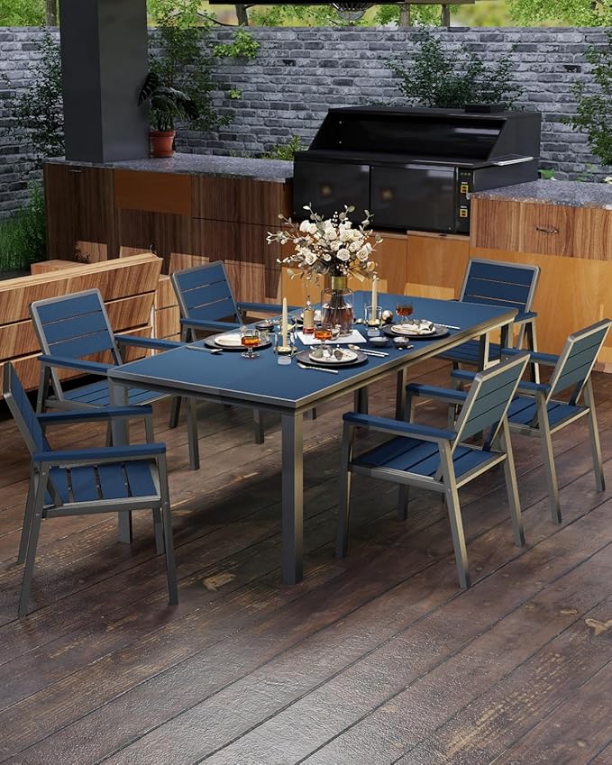 7-Piece Patio Dining Set with 11FT Umbrella, Aluminum & HDPE Outdoor Table and Chairs, Weather-Resistant All-Season Backyard, Deck & Patio Dining Furniture with 2" Umbrella Hole (Navy)