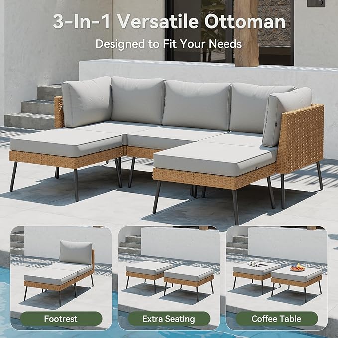 Aoxun 8 Piece Patio Furniture Set, 8 Seats Outdoor Sectional Sofas with Thick Cushion, Wicker Outdoor Patio Furniture Set with Ottomans for Party, Garden, Backyard, Grey