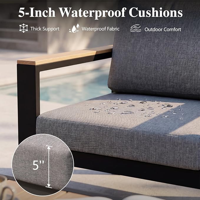 Outdoor Patio Sofa, 3-Seat Aluminum Outdoor Couch with 5-Inch Water-Resistant Cushions, Powder-Coated Frame for Porch, Deck, Backyard, Garden, Poolside, Gray