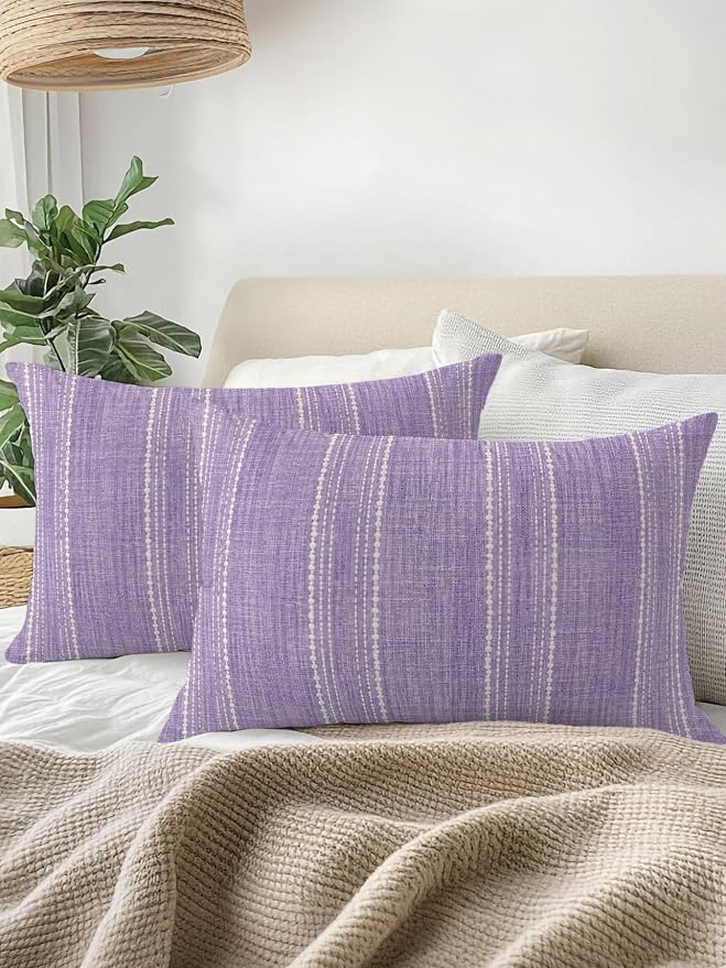 Waterproof Outdoor Pillow Set of 2 Lavender Linen Stripes Decorative Throw Pillows Cover & Insert 20x12 Inch Lumbar Pillowcase Parallel Vertical Lines Pillows for Couch Sofa Bed Patio Furniture