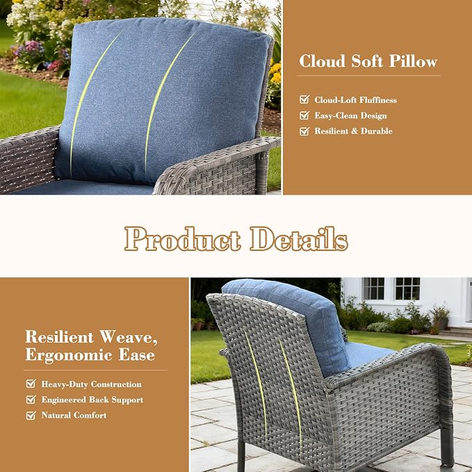 4 Pieces Patio Furniture Set, Small Outdoor Patio Set with Coffee Table, All-Weather Rattan Wicker High Back Conversation Set Loveseat with Chairs for Porch, Backyard, Balcony, Denim Blue