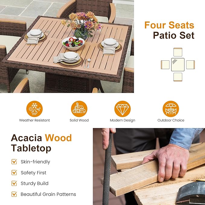 Wisteria Lane Patio Dining Sets for 4, All Weather Rattan Outdoor Table and Chairs with Acacia Wood Tabletop, Patio Dining Furniture with Removable Cushions for Deck Garden, Backyard, Brown