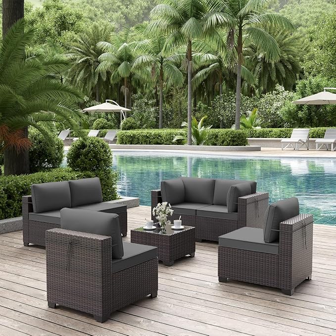 ALAULM 7 Pieces Patio Furniture Set Wicker Patio Conversation Set, Outdoor Sectional Furniture w/Coffee Table & Washable Seat Cushions-Grey