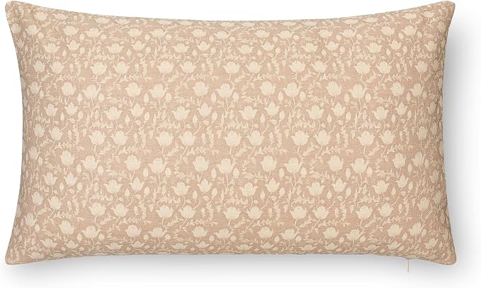 Modern Farmhouse California Casual Indoor Outdoor Lumbar Pillow Cover, 12"x20" Water Repellent for Patio, Backyard, Couch, Poolside, Ivory Cream Tan Print Botanical Flowers and Leaves