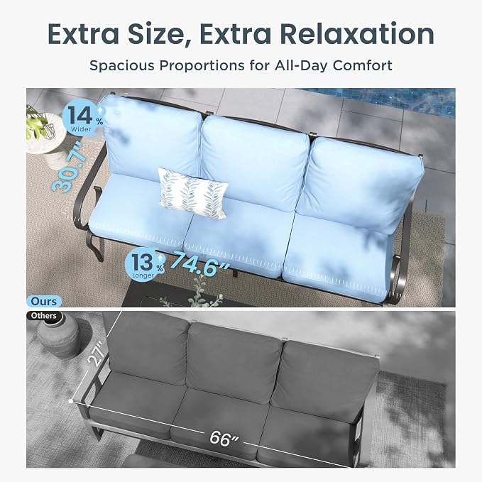 PHI VILLA Patio Furniture Set, 3-Seater Sofa, 2 Fixed Chairs and a 45" Fire Pit Table, Outdoor Metal Conversation Set with 5.75" Extra Thick Cushion for Garden Backyard Deck, Blue