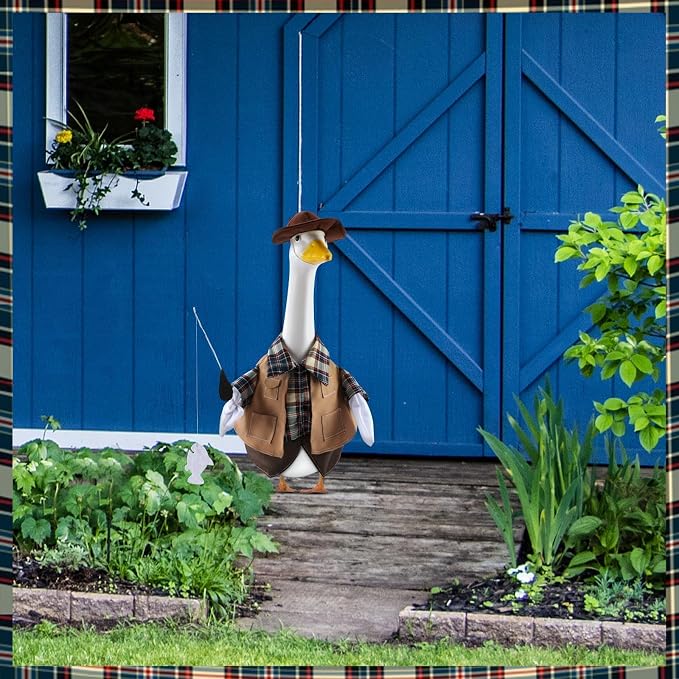 Fishing Porch Goose Outfits for 23 Inch Lawn Statue | Fisherman Costume for Plastic/Cement Statue, Duck Sculpture Clothes for Spring Summer Yard Patio Party Decoration
