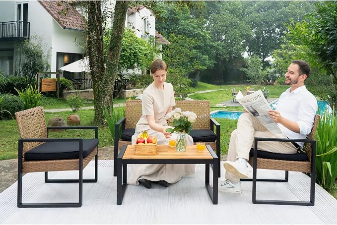 GDFStudio 4-Piece Patio Furniture Set with Acacia Wood Tabletop, PE Rattan Conversation Sofa Set, Steel Frame Outdoor Seating for Balcony Porch Garden Backyard Lawn, Black Cushions Light Brown Wicker