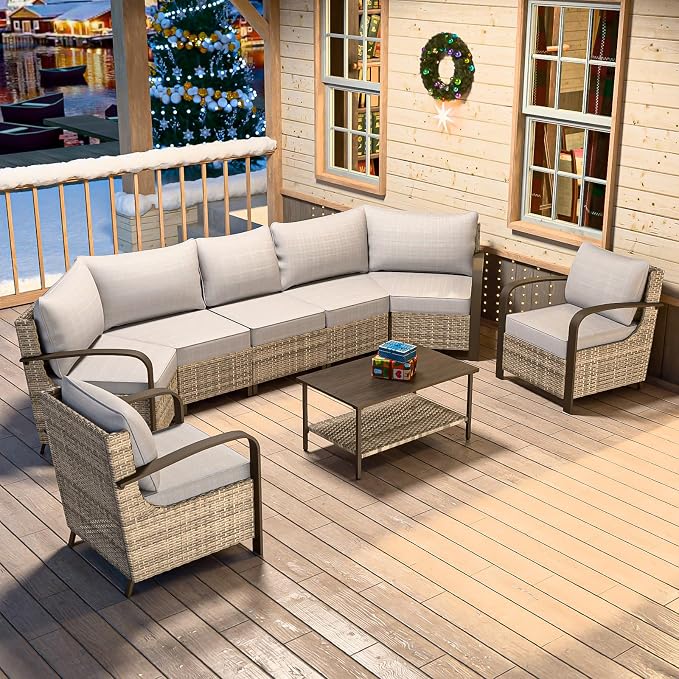 COOS BAY Aurora Terrace 6 Piece Outdoor Sectional Furniture Set, Half Moon Rattan Wicker Conversation Set with Patio Chairs, 5 Seat Sofa & Coffee Table for Patio Garden Yard, Beige/Beige