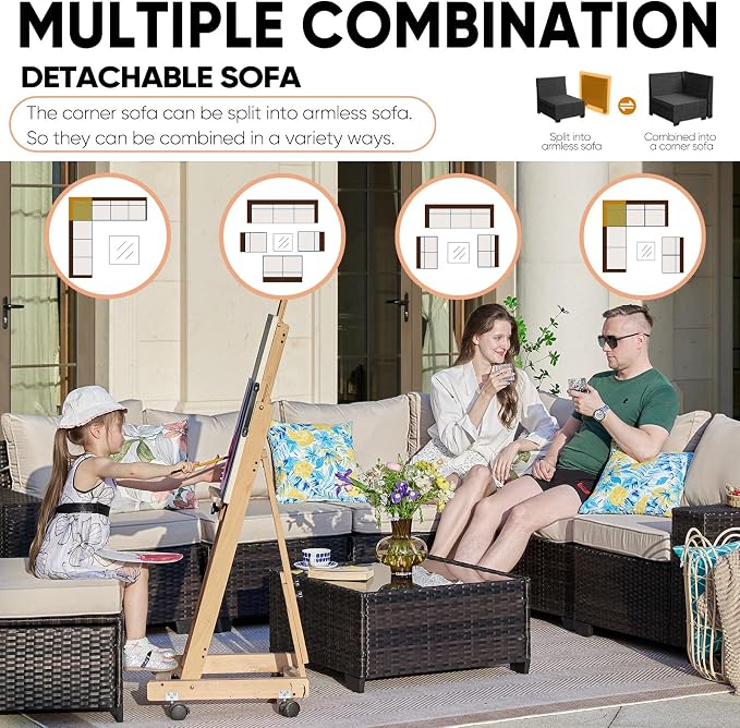 8 Pieces Patio Furniture Set,Wicker PE Rattan Outdoor Sectional with Cushion & Coffee Table, Patio Conversation Sofa for Garden, Backyard, Poolside, Beige
