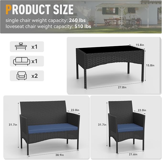 Kurapika Patio Furniture Set 4 Pieces Outdoor Wicker Rattan Chairs Conversation Sets w/Coffee Table, Rocking Bistro Set, for Patio Lawn Backyard (Navy Blue)