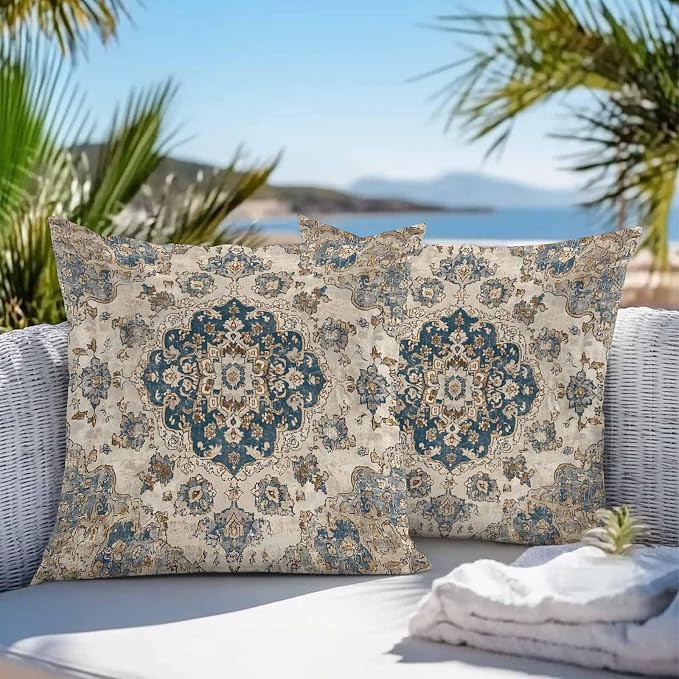 Throw Pillow Covers 20x20 Inch Set of 2, Blue Brown Boho Waterproof Outdoor Pillow Covers, Ethnic Vintage Southwestern Geometric Decorative Cushion Pillowcases for Couch, Sofa, Bed, Garden, Patio