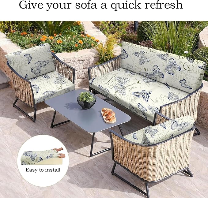CALBODE 8pcs Outdoor Printed Sofa Seat Cushion Covers Strechable, Waterproof Elastic Half-Covered Sofa Covers Washable Reusable Patio Furniture Protector（Butterlfy, Cover Only）