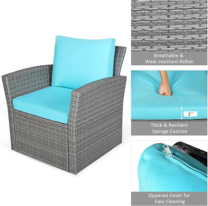 Tangkula 4 Pieces Patio Furniture Set, All Weather Outdoor Sectional Rattan Sofa Set with Cushions & Tempered Glass Table, Wicker Conversation Couch Set for Backyard Garden Poolside (Turquoise)