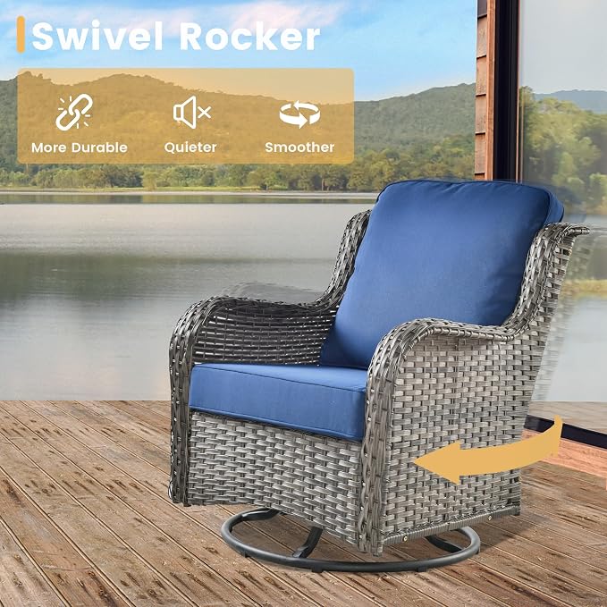 HOOOWOOO Outdoor Patio Furniture with Fire Pit Set 13 Pieces Patio Set with Fire Pit Wicker Outdoor Furniture with Fire Pit Table Set Patio Sectional Set with Swivel Chairs,Navy Blue