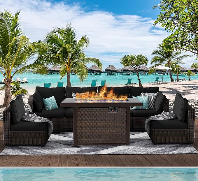 Patio Furniture Set with Fire Pit Table, Outdoor Sectional Rattan Sofa Set, Patio Set Seating Furniture with Thickened Cushions (Black, 7 Pieces)
