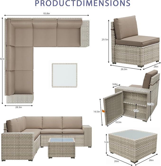 12 Piece Patio Furniture Set, 9.8" Wide Arm Sectional Sofa with Storage Armrests, All-Weather Rattan Outdoor Conversation Set for Garden, Porch, Lawn, Backyard, Balcony, Khaki
