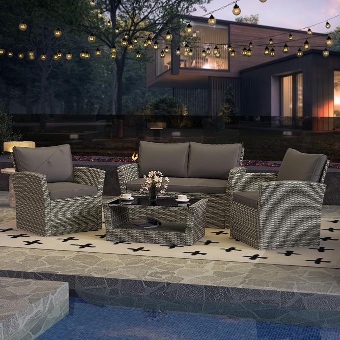 Tangkula 4 Pieces Patio Furniture Set, Outdoor PE Wicker Sectional Conversation Bistro Set with 2 Rattan Chairs, Loveseat, 2-Tier Tempered Glass Coffee Table and Cushions for Balcony, Garden (1, Gray)