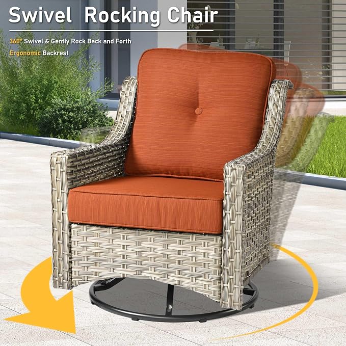 HOOOWOOO 9 Piece Patio Furniture Conversation Sets with Swivel Rocking Chairs,Outdoor Wicker Furniture with Ottoman,All Weather Resistant High Back Rattan Conversational Set(Orange Red)