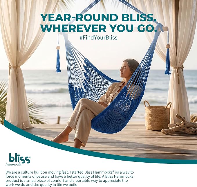 Bliss Hammocks BHC-412BLU Island Rope Hammock Chair, Eco Friendly & Hand-Woven Cotton, Varnish Coated 40 Inch Wood Spreader, Easy to Hang w/Included Hanging Kit, Supports up to 265LBS, Blue Rope