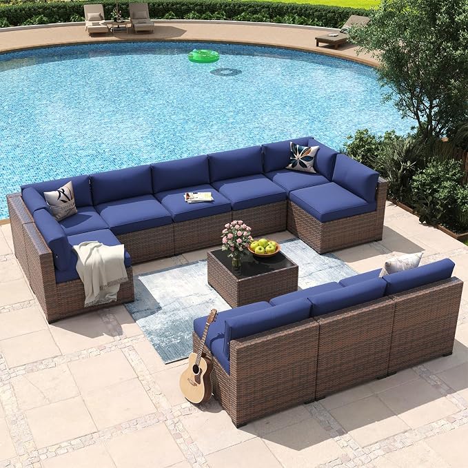 Aoxun 11 Piece Patio Furniture Set Wicker Rattan Patio Conversation Set Outdoor Sectional Sofa Set with Coffee Table and 4” Thickened Cushions, Blue