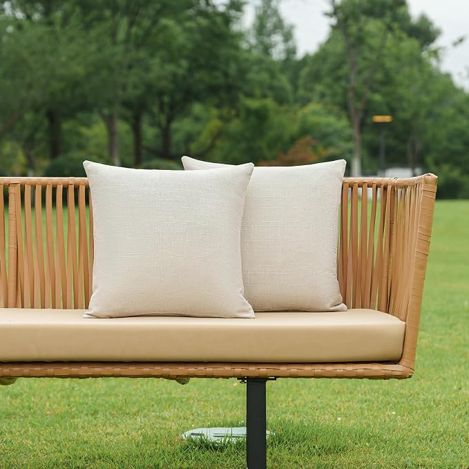 NiNi ALL Waterproof Outdoor Pillow Covers 22x22 Set of 2 Patio Beige | Faux Linen Textured Decorative Solid Throw Pillow Covers Farmhouse for Garden Furniture Tent Balcony Couch Sofa Cushion