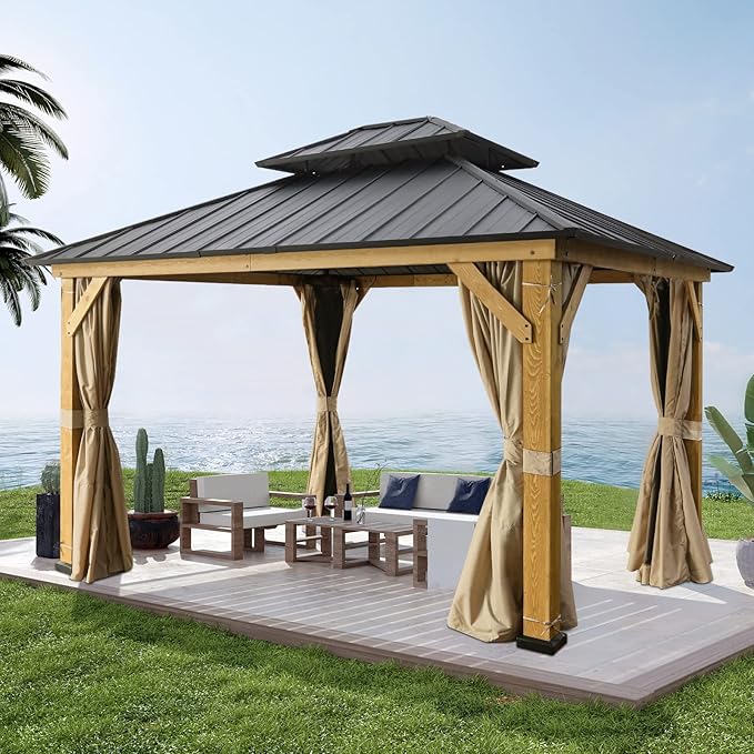 EAGLE PEAK 11x13 Hardtop Gazebo, Galvanized Steel Double Roof Gazebo with Cedar Wood Frame, Outdoor Pavilion with Netting and Curtains for Patio, Deck. Lawn and Garden, Natural Wood/Black
