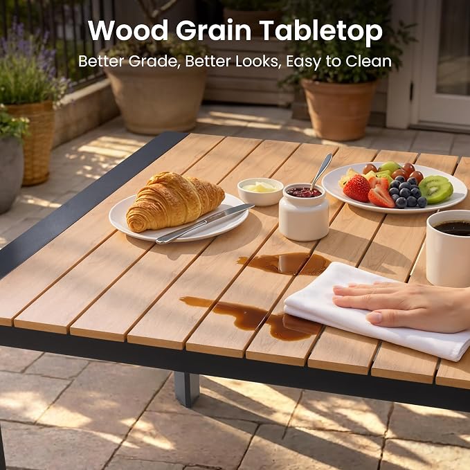 11-Piece Patio Dining Set,95in Aluminum Outdoor Table with 10 Chairs | Adjustable Reclining Back& Wood Grain Tabletop with Umbrella Hole for Garden Backyard Porch, Brown