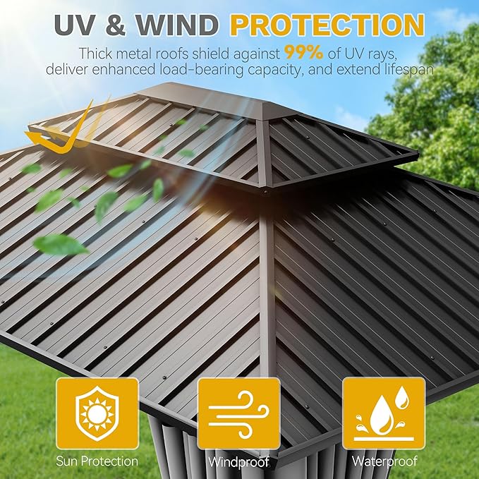 DWVO 10x12ft Hardtop Gazebo Double Roof with Nettings and Curtains, Heavy Duty Galvanized Steel Outdoor Vertical Stripes Roof for Patio, Backyard, Deck, Lawns, Grey
