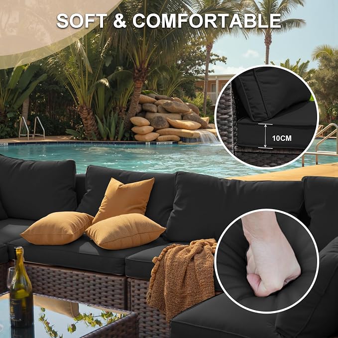 5 Pieces Patio Furniture Set with 42" Fire Pit Table, Outdoor Patio Sectional Sofa, Wicker Rattan Conversation Set, Black